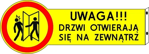 Znak ostrzegający, że drzwi otwierają się na zewnątrz.