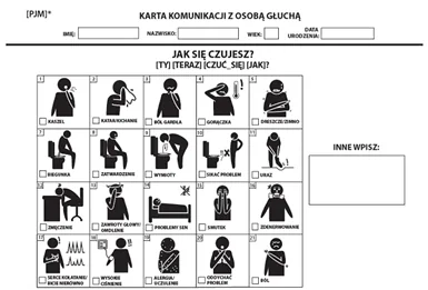 Karta komunikacji z osobą głuchą z piktogramami objawów i samopoczucia.