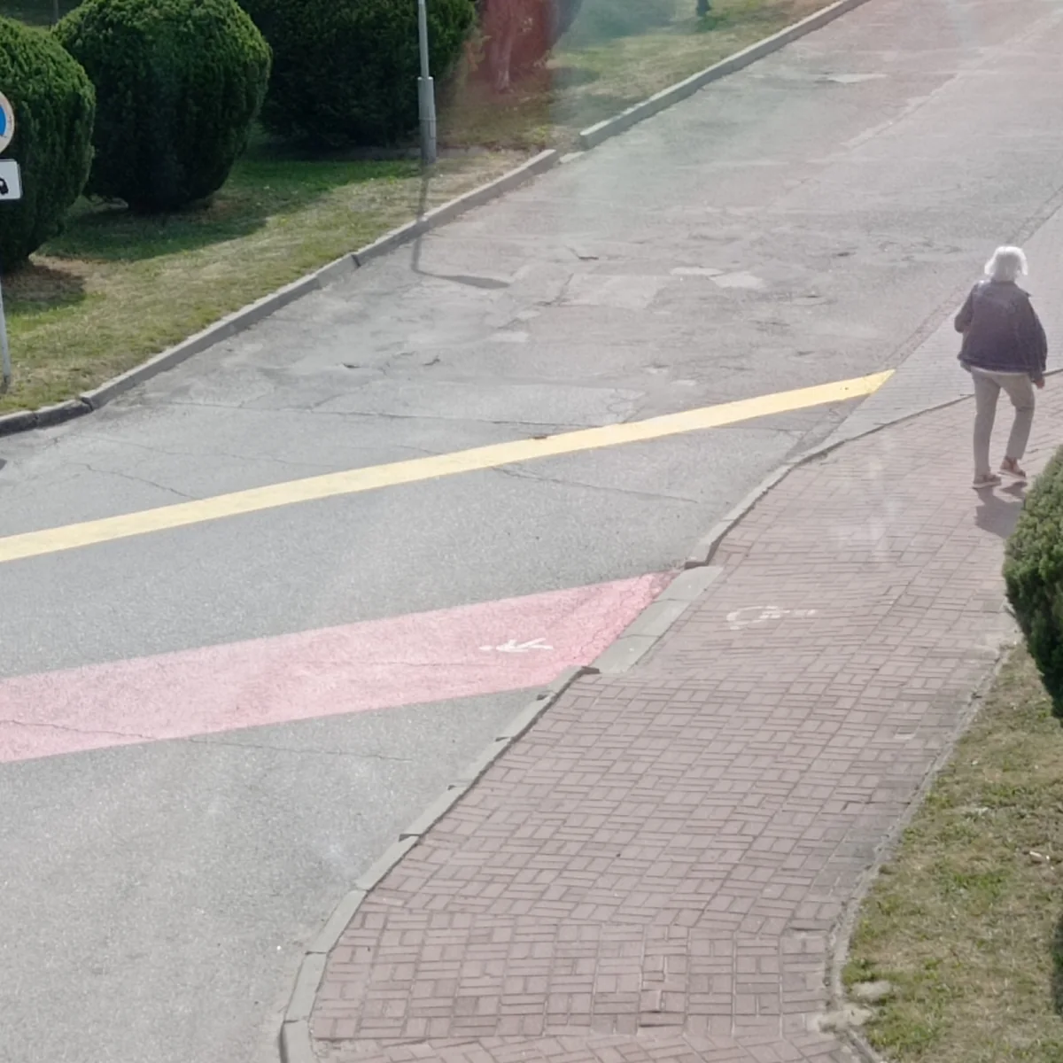 Oznakowany ciąg pieszy na terenie szpitala, z czerwonym pasem przecinającym jezdnię.