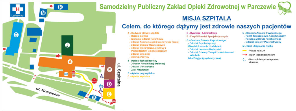 Kolorowy plan terenu SPZOZ w Parczewie z oznaczeniami budynków, wejść i dróg dojazdu