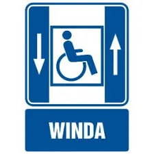 Znak windy dostępnej dla osób poruszających się na wózku.