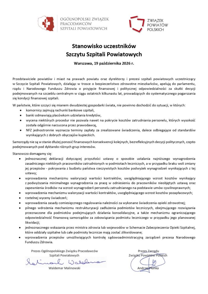 Skan stanowiska uczestników Szczytu Szpitali Powiatowych z 19 października 2026 r. Pełna treść jest dostępna także w artykule w wersji tekstowej.
