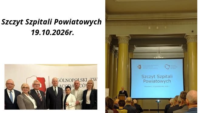 Kolaż ze Szczytu Szpitali Powiatowych 19 października 2026 r.: zdjęcie grupowe uczestników oraz sala obrad z ekranem prezentacji.