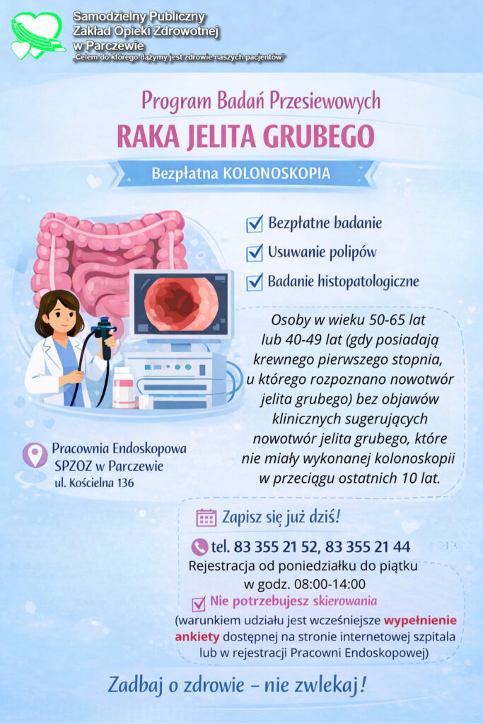 Plakat programu bezpłatnych badań przesiewowych raka jelita grubego